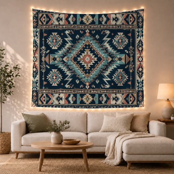 Southwestern Tribal Geometric Diamond Pattern on Navy Serene Boho for Nature Lovers Native Tribal Wall Art Housewarming Gift Tapestry Wall Hanging for Bedroom, Living Room and Dorm