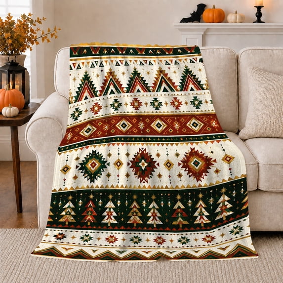 Southwestern Tribal Geometric Pattern, Cozy Woodland Scene, Warm Flannel Blanket for Cabin and Lodge with Detailed Artwork, Art Lovers Housewarming Gift, Artistic Home Decor
