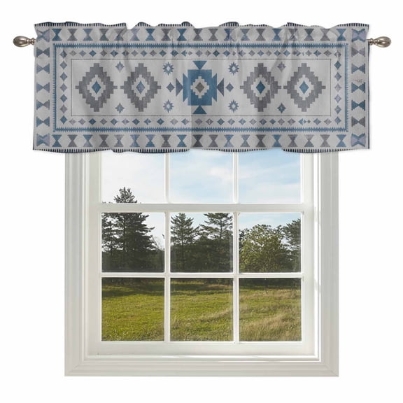 Southwestern Tribal Geometric Valances for Windows Retro Aztec Blue Diamond Rod Pocket Curtain Valance Window Treatment Short Curtains for Kitchen Living Room,42x12in