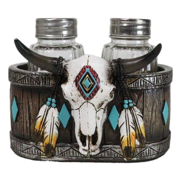 Southwestern Tribal Indian Bison Skull With Feathers Salt Pepper Shakers Holder