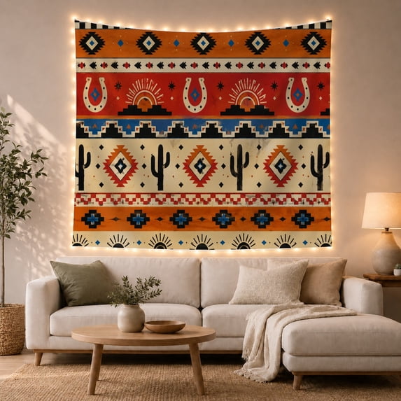 Southwestern Tribal in Layered Bands, Nostalgic Rustic for Boho Decor Lovers, Horizontal Wall Art, Housewarming Gift, Tapestry Wall Hanging for Living Room and Den