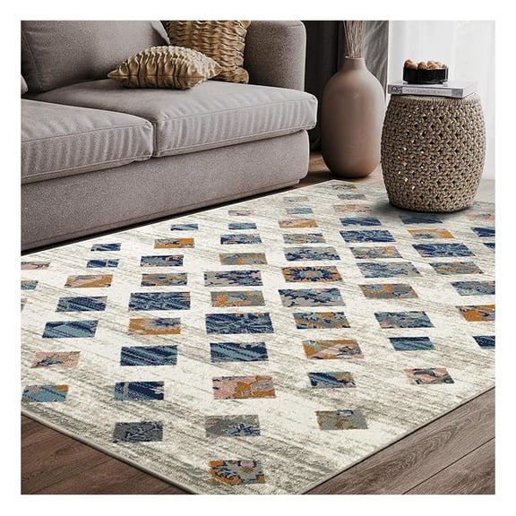 Southwestern Tribal Print 3' X 5' Rectangular Area Rug, Collection Rugs - Beige & Orange Block Pattern Accent Rug