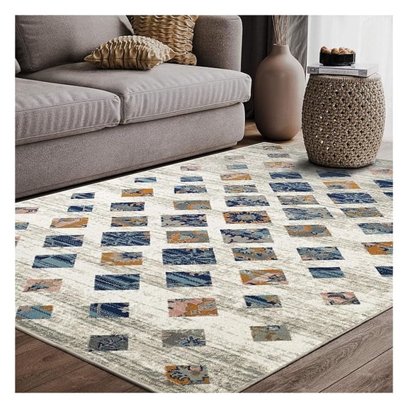 Southwestern Tribal Print 4' x 6' Rectangular Area Rug, Collection Rugs - Beige & Orange Block Pattern Accent Rug