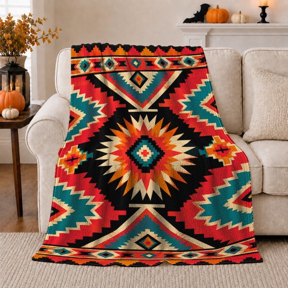 Southwestern Tribal Sunburst Design Bold Geometric Diamond Medallion, Festive Holiday Scene, Warm Flannel Blanket for Living Room and Family Room, Art Lovers Christmas Gift, Festive Home Decor