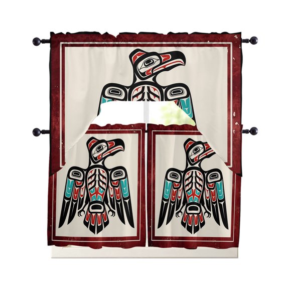 Southwestern Tribe Kitchen Curtains Sets 36 Inch Length with Valance, Farmhouse Birds Chic Traditional Motifs Swag Valances and Tiers Curtain Set Swag Curtains for Living Room, Bathroom, Cafe