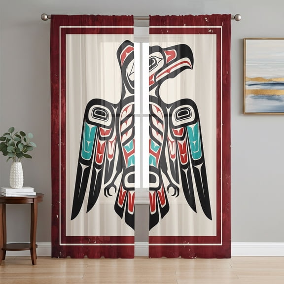 Southwestern Tribe Sheer Curtains 96 Inch Length 2 Panels Set, Farmhouse Birds Chic Traditional Motifs Voile Window Treatment Semi Sheer Long Curtains Drapes for Bedroom/Living Room/Kitchen 52"x96"x2