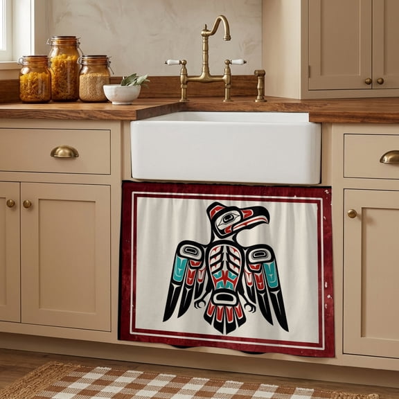Southwestern Tribe Small Cabinet Curtains 10"W x 11"L, Farmhouse Birds Chic Traditional Motifs Sink Skirt Dust-Proof Short Curtain for Bathroom Vanity Storage Cubby Desk, Self Adhesive Privacy Drapes