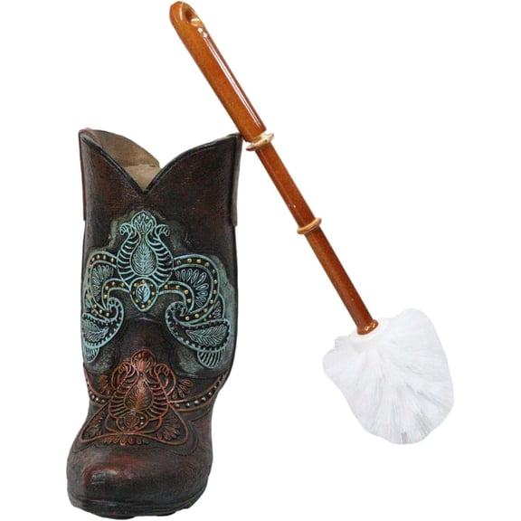 Southwestern Turquoise Lace Pattern Faux Tooled Boot Toilet Brush Set with Base Holder, 2-Piece Bathroom Decor