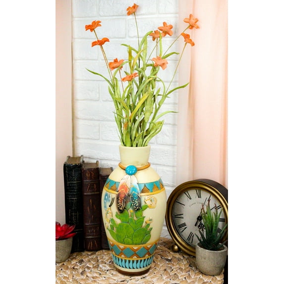 Southwestern Turquoise Rock Dreamcatcher Feathers Cactus Floral Vase Sculpture
