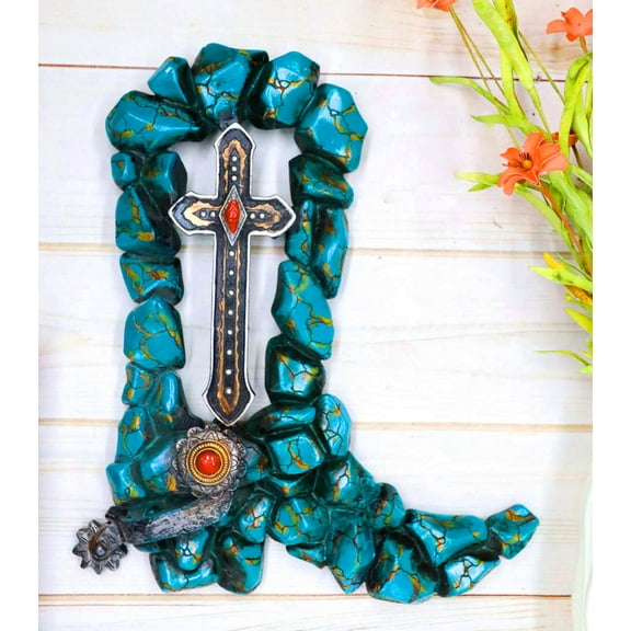 Southwestern Turquoise Rocks Cowboy Boot With Spur And Vintage Cross Wall Decor