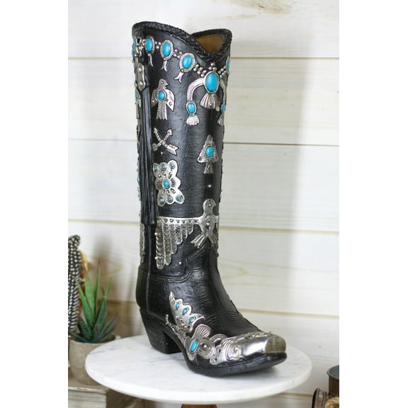 Southwestern Turquoise Silver Aztec Symbols Cowboy Boot Vase Planter Figurine