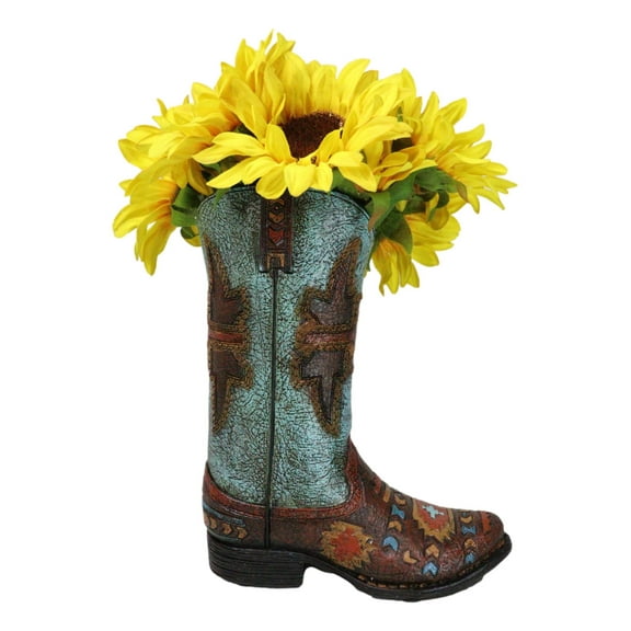 Southwestern Turquoise Tribal Aztec Patterns Faux Leather Cowboy Boot Vase