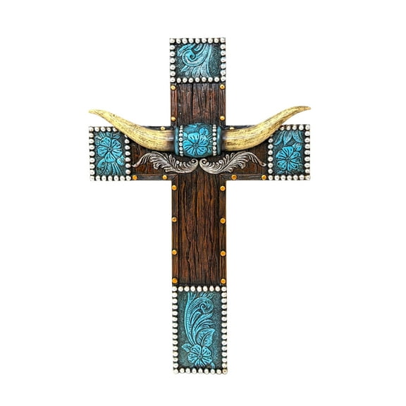 Southwestern Wall Cross with Faux Horns and Tooled Leather Accent – Rustic Western Wall Cross for Home Decor – Distressed Resin Cross with Horned Accent for Cabin, Lodge, or Country Home