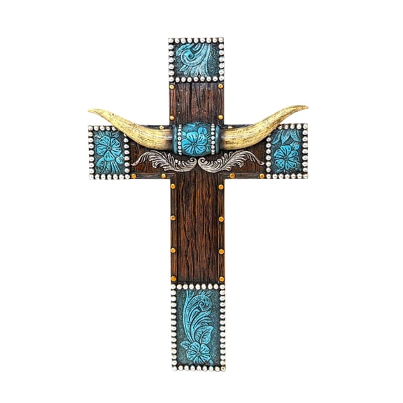 Southwestern Wall Cross with Faux Horns and Tooled Leather Accent – Rustic Western Wall Cross for Home Decor – Distressed Resin Cross with Horned Accent for Cabin, Lodge, or Country Home