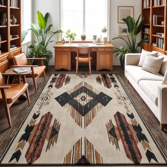 Southwestern Washable Area Rug 9 x 12 ft Rustic Native American Aztec Bohemian, Soft Non Slip Rugs Stain Repellent Indoor Felt Carpet for Living Dining Room Bedroom Home Office
