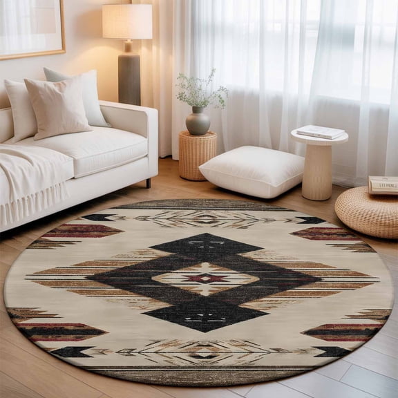 Southwestern Washable Round Area Rug 3 ft, Rustic Native American Aztec Bohemian, Soft Non Slip Rugs Stain Repellent Indoor Felt Carpet for Living Dining Room Bedroom Home Office
