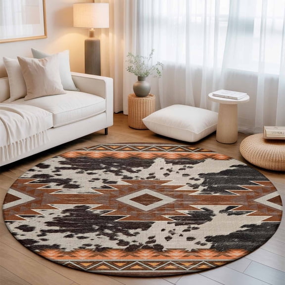 Southwestern Washable Round Area Rug 4 ft, Native American Aztec Cow Print Bohemian, Soft Non Slip Rugs Stain Repellent Indoor Felt Carpet for Living Dining Room Bedroom Home Office