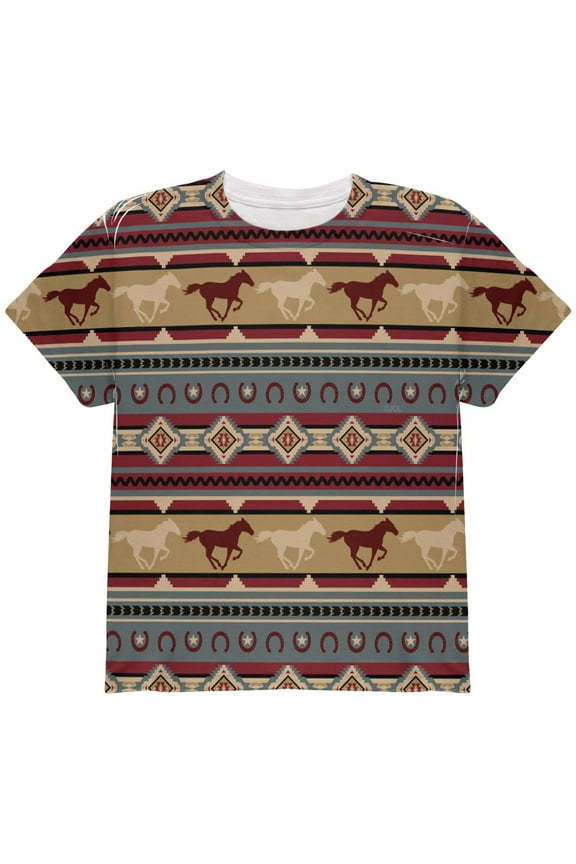 Southwestern Wild Horse Mustang Pattern All Over Youth T Shirt Multi YLG