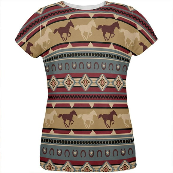 Southwestern Wild Horses Pattern All Over Womens T Shirt Multi MD
