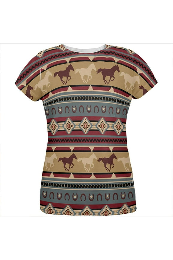 Southwestern Wild Horses Pattern All Over Womens T Shirt Multi MD