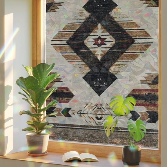 Southwestern Window Privacy Film, Rustic Native American Aztec Bohemian Stained Glass Rainbow Film Decorative Window Clings, Static Cling Sun Blocking Stickers 23.6" x 59"