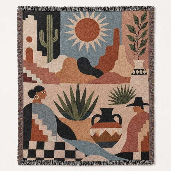 Southwestern Woven Cotton Throw Blanket, Abstract Desert Cactus Fringe Throw for Sofa