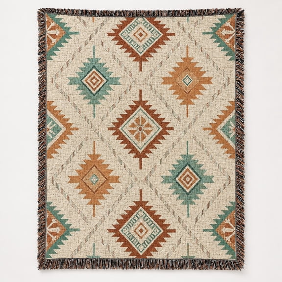 Southwestern Woven Throw Blanket, Boho Geometric Aztec Diamond Cotton Blanket with Fringe, Desert Ranch Decor