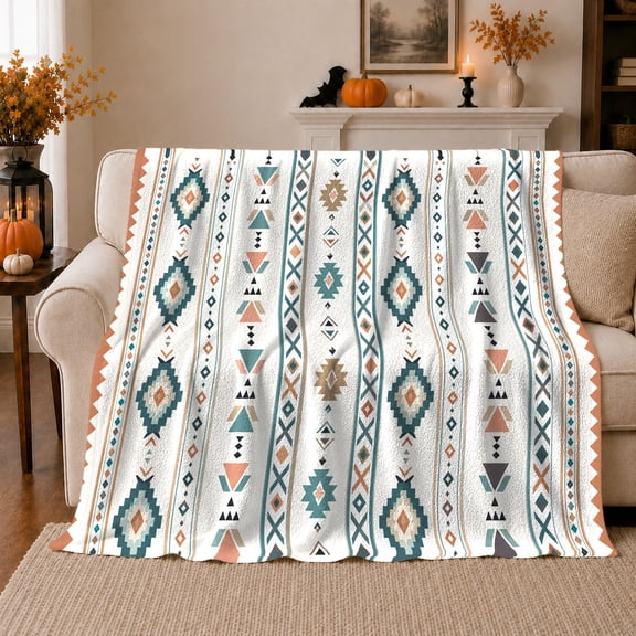 Southwestern decorative motif Geometric Diamonds Teal Coral Brown Autumn, Warm Flannel Blanket for Living Room and Reading Nook, Festive autumn celebration Scene, Festive Home Decor