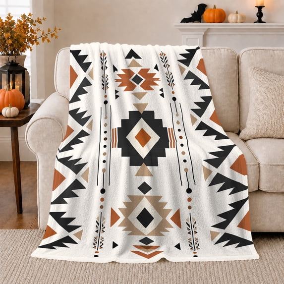 Southwestern decorative motif Tribal Geometry, Festive Pet Portrait Pattern, Warm Flannel Blanket for Living Room and Reading Nook, Cat Lovers autumn celebration Gift, Pet Lover Home Decor