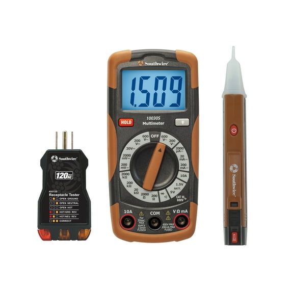 Southwire 10037K 3-Piece Electrical Test Kit with Full-Function Multimeter, Non-Contact Voltage Detector, and Outlet Tester