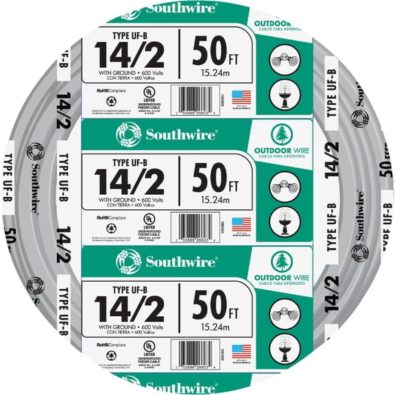 Southwire 13054222 14/2WG UF Wire 50-Foot,Grey