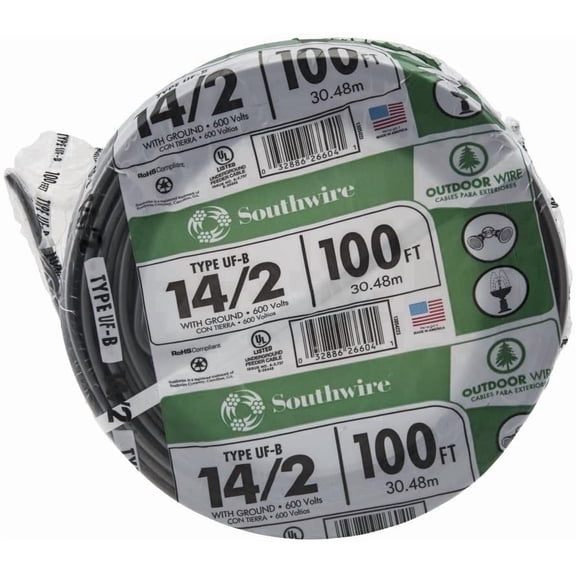 Southwire 13054226 14/2WG UF Wire 100-Foot, Approved for Direct Burial Wiring
