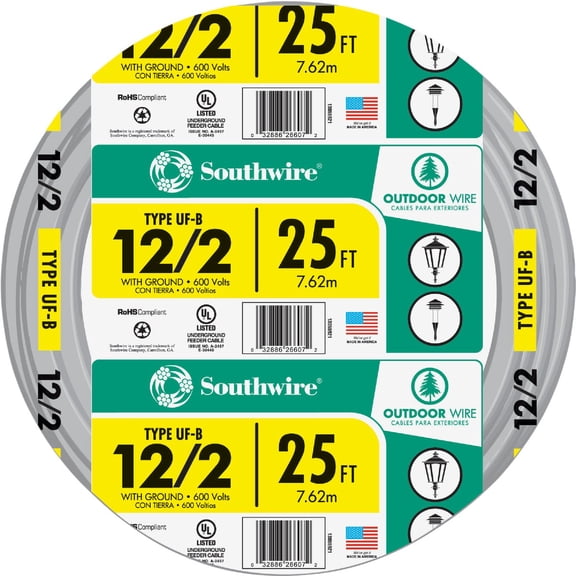 Southwire 13055921 12/2WG UF Wire 25-Foot — Indoor & Outdoor Use, NEC-Compliant