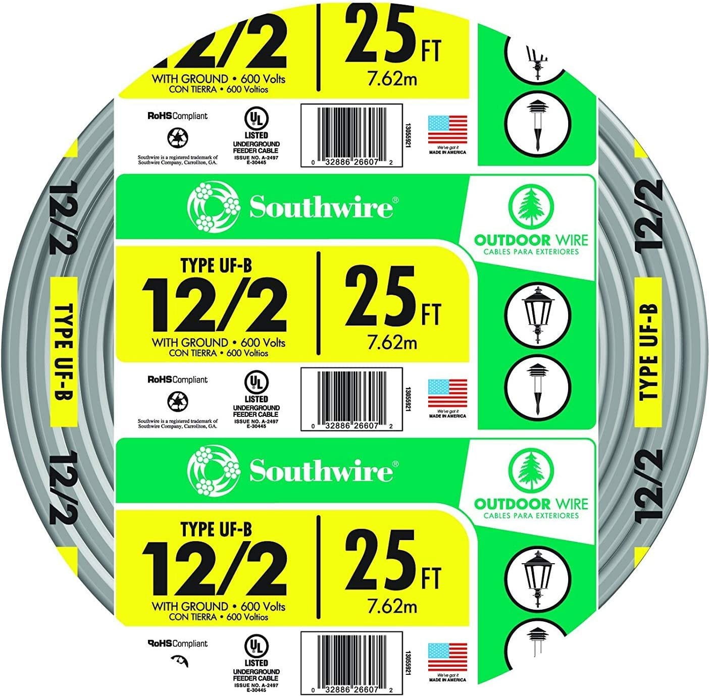Southwire 13055921 12/2WG UF Wire 25-Foot