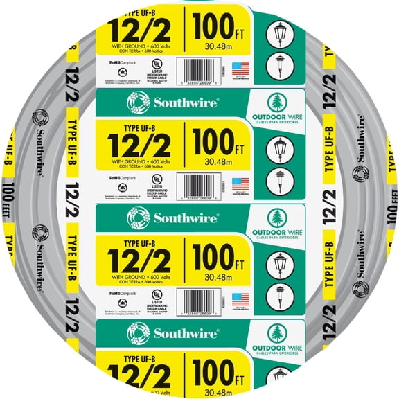 Southwire 13055926 12/2WG UF Wire 100-Foot, Approved for Direct Burial Wiring