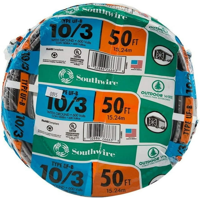 Southwire 13059122 50 ft. 10/3 Gray Solid CU UFB W/G Wire
