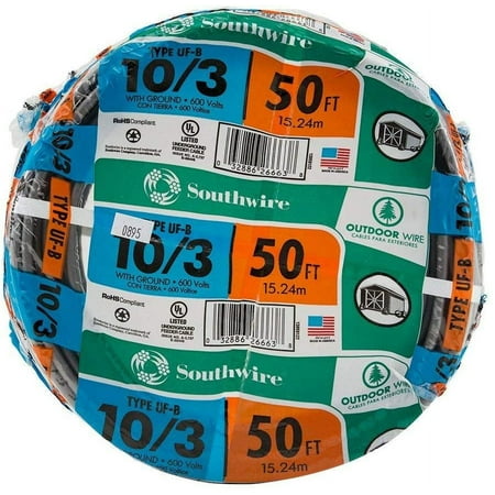 Southwire Romex SIMpull 10/3 UF-B Building Wire - Copper, PVC Jacket - 50 Ft — Indoor & Outdoor Use, NEC-Compliant