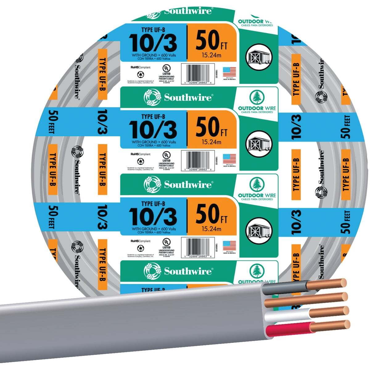 Romex 10/3UF-WGX50 Building Wire, #10 AWG Wire, 3 -Conductor, 50 ft L, Copper Conductor, PVC Insulation