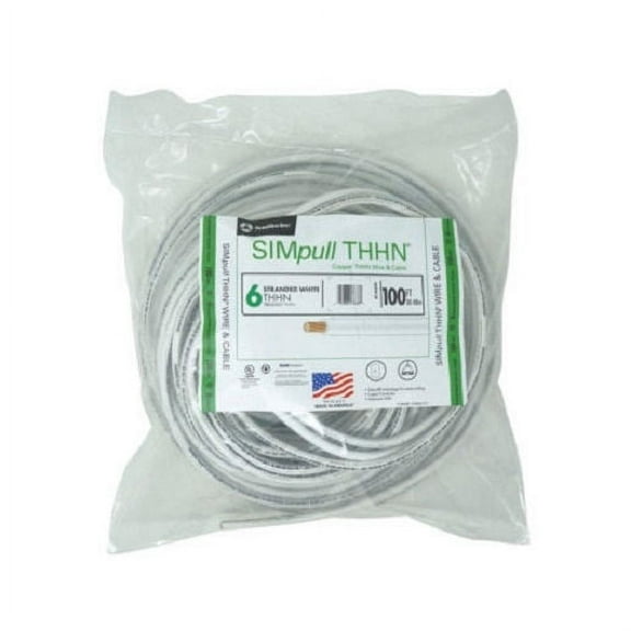 THHN Building Wire, Copper, 6 AWG, 1C, White, Stranded, 100 ft