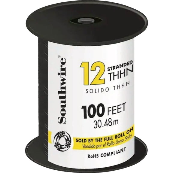Southwire 22964152 Simpull THHN or THWN2, 12 Gauge THHN Stranded Wire, 100' per Roll, Black