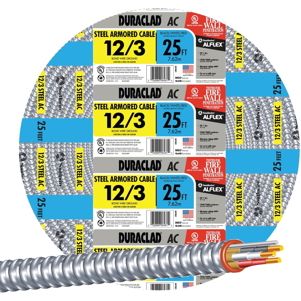 Southwire Armored Electrical Wire 12/3 AC - Copper Conductor, Steel Jacket - 25 Ft — Indoor & Outdoor Use, NEC-Compliant