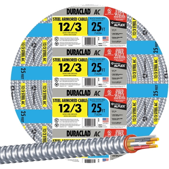 Southwire Armored Electrical Wire 12/3 AC - Copper Conductor, Steel Jacket - 25 Ft Indoor & Outdoor Use, NEC-Compliant
