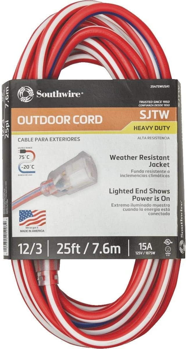 12/3 Gauge, 25 ft SJTW w/ Lighted End Contractor Grade Extension Cord
