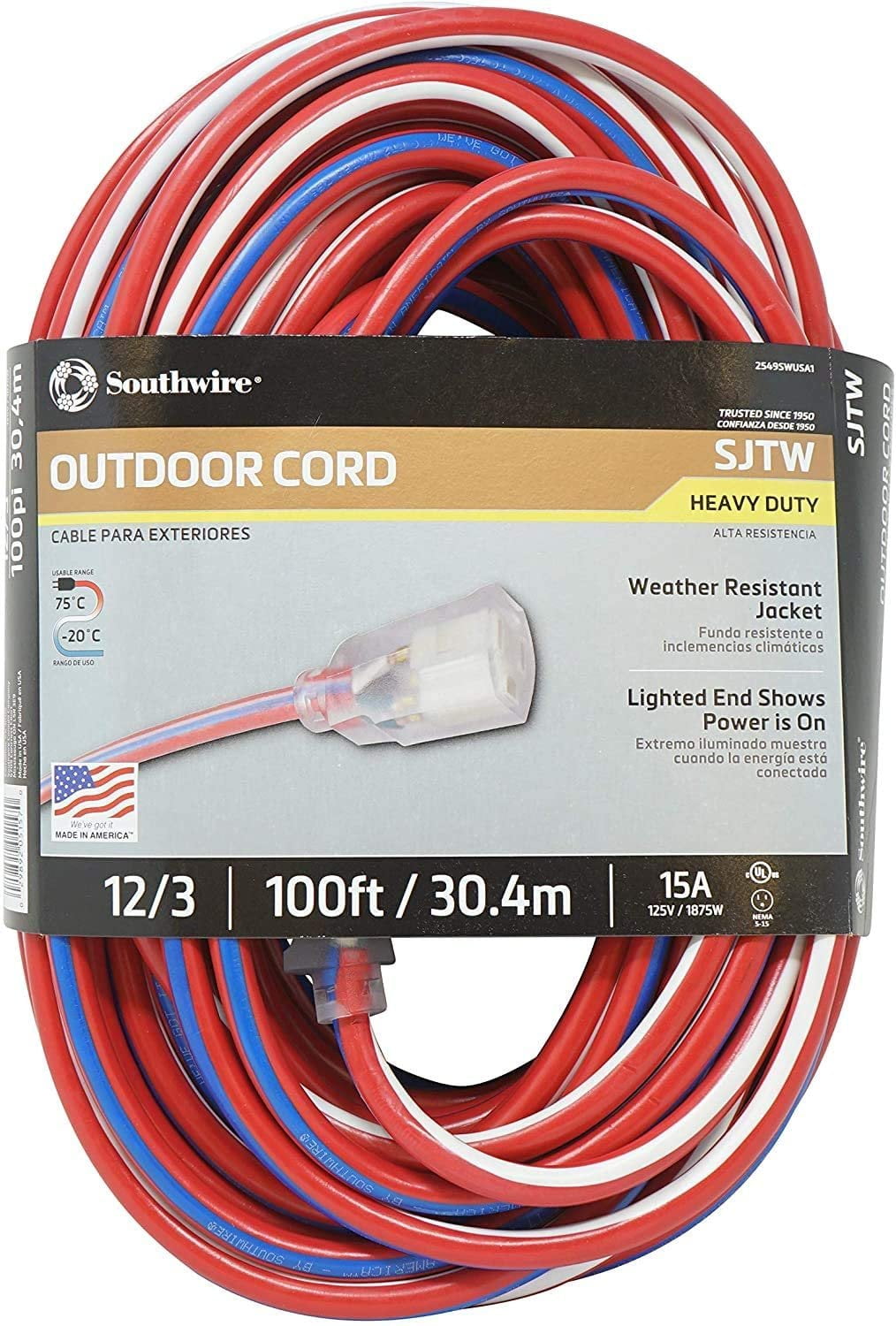 Southwire 2549SWUSA1 100-Ft 12/3 Extension Cord with Lighted End; American Made, Water Resistant, 2-Pack