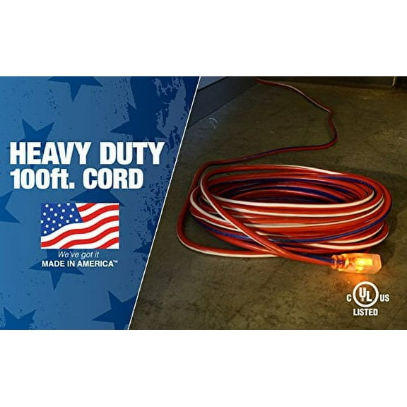 Southwire 2549SWUSA1 100-Feet, Contractor Grade, 12/3 Extension Cord, With Lighted End; Red White And Blue, American Made Extension Cord, Indoor and Outdoor Use, Water Resistant Flexible Jacket