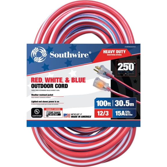Southwire Contractor Grade 12/3 Extension Cord - Lighted End, Water-Resistant - 100 Ft Red — Residential Use, Standard Application