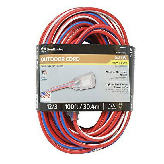 Southwire 2549SWUSA1 100-Feet, Contractor Grade, 12/3 Extension Cord, With Lighted End; Red White And Blue, American Made Extension Cord, Indoor and Outdoor Use, Water Resistant Flexible Jacket