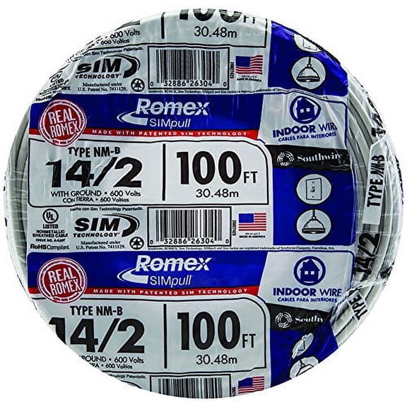 Southwire 28827423 100' 14/2 with Ground Romex Brand SIMpull Residential Indoor Electrical Wire Type NM-B, White