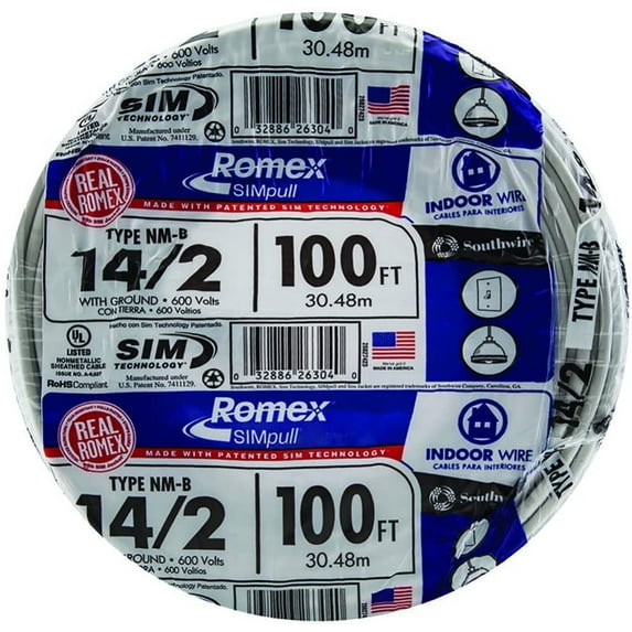 Southwire 28827423 100' 14/2 with ground Romex brand SIMpull residential indoor electrical wire type NM-B, White