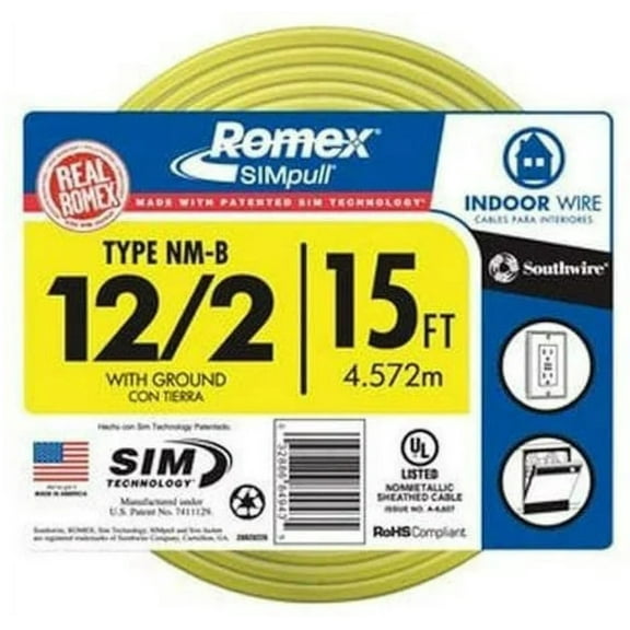 Southwire 28828226 12/2 15' NM-B W/G WIRE 3-Pack — Indoor & Outdoor Use, NEC-Compliant